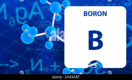 Bor B, chemisches Element, Zeichen. 3D-Rendering auf weißem Hintergrund. Bor chemischen 5 Element für wissenschaftliche Experimente im Klassenzimmer Science Camp Stockfoto