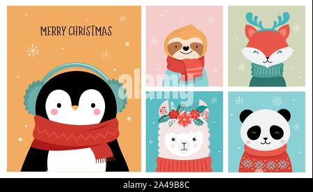 Sammlung von Weihnachten süße Tiere, Frohe Weihnachten Illustrationen von Panda, Fuchs, Lama, Faultier, Katze und Hund mit Winter Zubehör Stock Vektor
