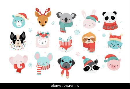 Sammlung von Weihnachten süße Tiere, Frohe Weihnachten Illustrationen von Panda, Fuchs, Lama, Faultier, Katze und Hund mit Winter Zubehör Stock Vektor