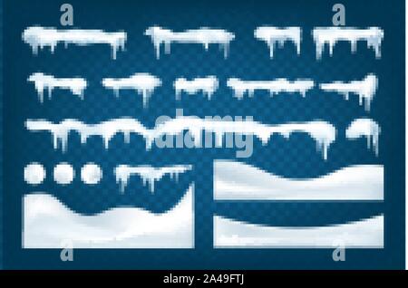 Realistische Schneeverwehungen Sammlung. Winter verschneite Abstrakt Hintergrund. Gefrorene Landschaft mit Schnee Eiskappen. Dekoration für Weihnachten oder Neujahr. Vektor Stock Vektor