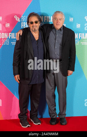 Al Pacino (links) und Robert De Niro bei einem Fotoshooting für die Iren als Teil der BFI London Film Festival 2019 am May Fair Hotel, London statt. Stockfoto