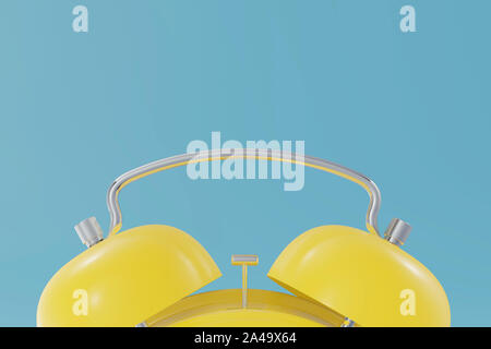 Klingelnden Wecker. Gelb Tischuhr auf blauem Hintergrund. 3D-Rendering. Stockfoto