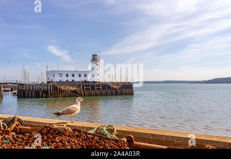 Der Leuchtturm in Scarborough. Ketten sind auf einem Kai im Vordergrund mit einer Möwe in der Nähe gestapelt. Vorgewende sind in der Ferne. Stockfoto