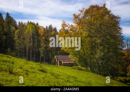 Eine kleine Hütte in den bayerischen Alpen in der Nähe von Ascheberg. Ein herrlicher Wald rahmt die Hütten ein. Stockfoto