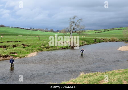 Zwei fliegen Fischer auf dem Fluss Eden, Cumbria Stockfoto