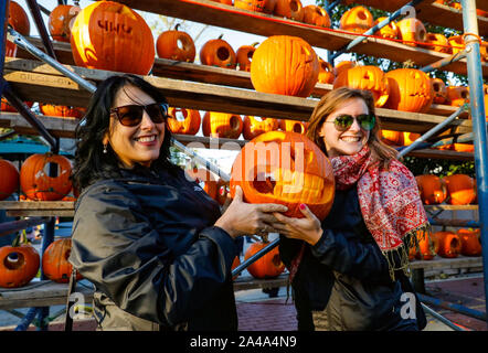 Chicago, USA. 12 Okt, 2019. Menschen darstellen mit einem geschnitzten Kürbis beim Kürbisfest in Highwood, Illinois, USA, am Okt. 12, 2019. Quelle: Joel Lerner/Xinhua/Alamy leben Nachrichten Stockfoto
