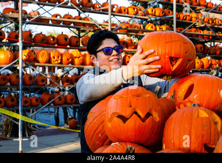 Chicago, USA. 12 Okt, 2019. Ein Mann legt seinen Kürbis auf dem Stapel beim Kürbisfest in Highwood, Illinois, USA, am Okt. 12, 2019. Quelle: Joel Lerner/Xinhua/Alamy leben Nachrichten Stockfoto