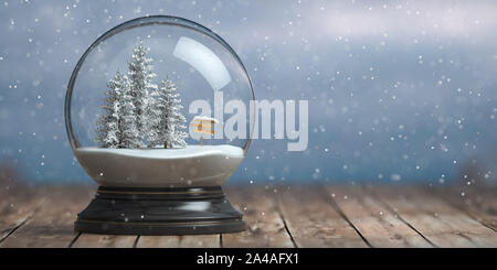 Frohe Weihnachten Schneekugel mit Fr., Bäume im Winter Schneefall Hintergrund. 3D-Darstellung Stockfoto