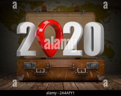 2020 Frohes neues Jahr. Vintage Koffer mit Nummer 2020 und Navigation. Reise und Tourismus Konzept. 3D-Darstellung Stockfoto