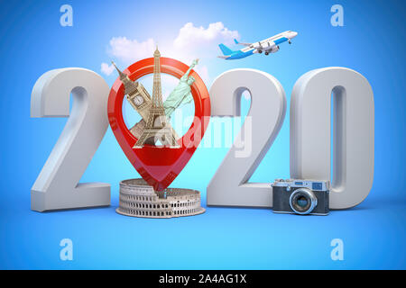 2020 Frohes neues Jahr. Nummer 2020 und Pin mit der beliebtesten Sehenswürdigkeiten der Welt. Silvester feiern in London, Paris, Rom oder New York. 3d-illustr Stockfoto