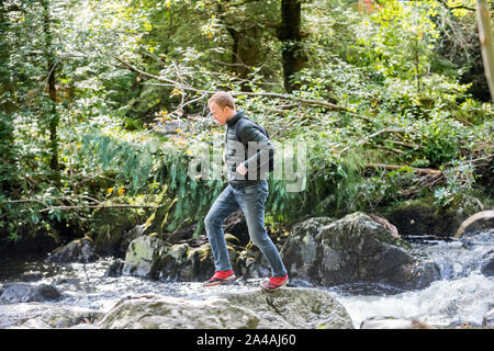 Mann auf dem felsigen Ufern des Pont-y-Paar fällt auf die Afon Llugwy, Betws-y-Coed, Wales, Großbritannien Stockfoto