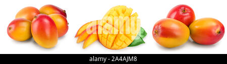 Mango Obst Hälfte mit Blättern und Schichten auf weißem Hintergrund schließen isoliert. Eingestellt oder Sammlung. Stockfoto