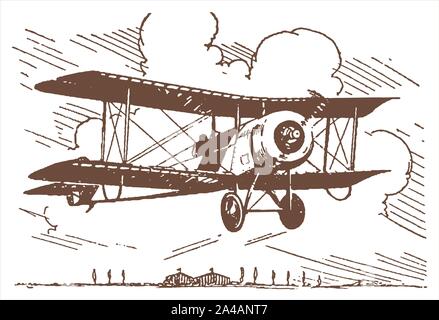 Einzel- Rotary-racing Doppeldecker über Bäume und hangars in der Nähe einen Flugplatz fliegen. Llustration nach einer Lithographie aus dem frühen 20. Jahrhundert Stock Vektor