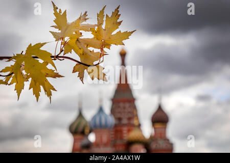 Herbst Blätter auf dem Hintergrund der Basilius-Kathedrale auf dem Roten Platz im Zentrum von Moskau, Russland Stockfoto