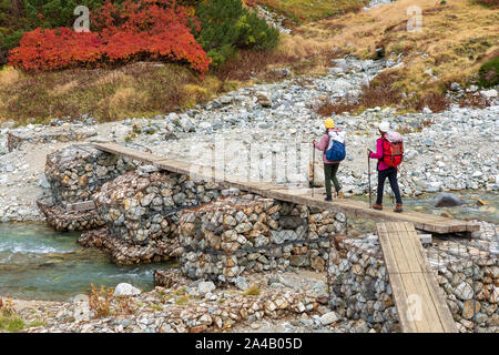 Paar Mädchen sind Wandern. Zwei Damen zu Fuß über Mountain River. Volle Ausrüstung Frauen, Outdoor Aktivitäten, die von der Brücke. Stockfoto