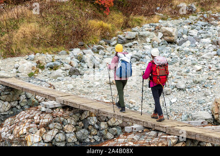 Paar Mädchen sind Wandern. Zwei Damen zu Fuß über Mountain River. Volle Ausrüstung Frauen, Outdoor Aktivitäten, die von der Brücke. Stockfoto