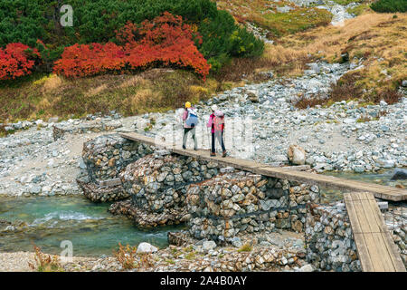 Paar Mädchen sind Wandern. Zwei Damen zu Fuß über Mountain River. Volle Ausrüstung Frauen, Outdoor Aktivitäten, die von der Brücke. Stockfoto