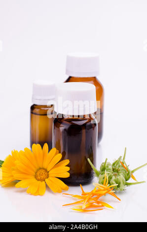Dunkle kosmetische Flasche aromatisches Öl für pflanzliche Arzneimittel mit Calendula flower auf weißen Hintergrund isoliert. Ringelblumen Extrakt. Stockfoto