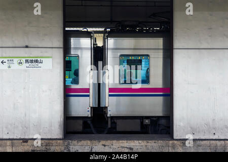 Tokio, Japan - OKTOBER 6, 2018. Japanische Männer sitzen im Zug am Bahnhof in Tokio. Stockfoto