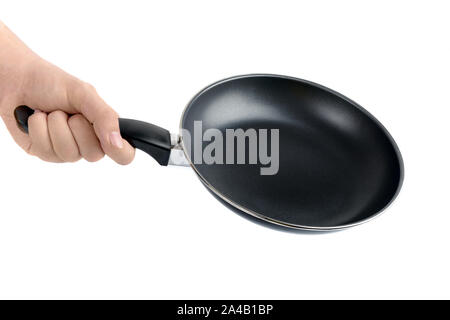 Männliche Hand, die Pfanne auf weißem Hintergrund Stockfoto