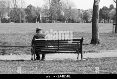 Ein alter Mann sitzt auf einer Bank lesen Stockfoto