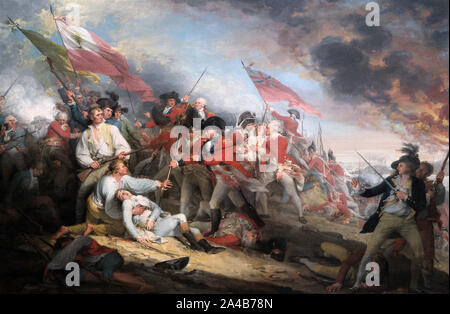 Die Schlacht von Bunker Hill, 17. Juni 1775 von John Trumbull, Öl auf Leinwand, 1786. Das Gemälde zeigt den Moment, als der amerikanische Major General Joseph Warren tödlich von einer Musketen-Kugel verwundet wurde und vor dem Bajonett des britischen Major John Small bewahrt wurde. Stockfoto