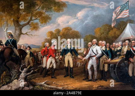 Die Kapitulation von General Burgoyne bei Saratoga, 16. Oktober 1777 von John Trumbull, Öl auf Leinwand, 1822-32. Das Bild zeigt die Kapitulation der britischen Lt General John Burgoyne zu American General Horation Tore nach der Schlacht von Saratoga im Jahr 1777. Stockfoto