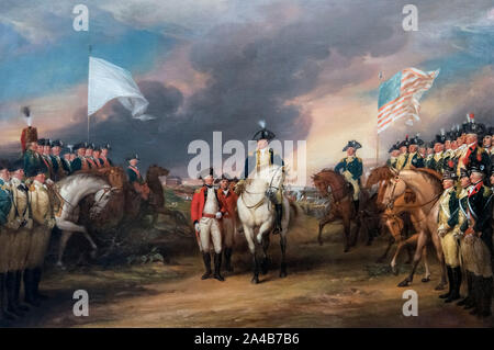 Die Kapitulation von Lord Cornwallis in Yorktown, 19. Oktober 1781 von John Trumbull, Öl auf Leinwand, um 1787-1828. Diese Szene markiert das Ende des Revolutionskrieges nach der Schlacht von Yorktown. Die besiegte britische Armee marschiert zwischen den Amerikanern auf der rechten Seite, angeführt von General George Washington, und den Franzosen auf der linken Seite, angeführt von General Jean-Baptiste Rochambeau. Im Zentrum nimmt Major General Benjamin Lincoln, Washingtons zweiter Befehlsführer, zu Pferd die offizielle Kapitulation von General Lord Cornwallis Stellvertreter, General Charles O’Hara an. Stockfoto
