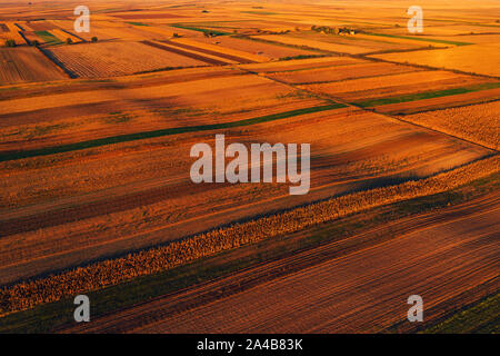 Farbenfrohen Landschaft patchwork Hintergrund, landwirtschaftlich genutzte Feld als abstraktes Muster im Herbst Sonnenuntergang, Luftaufnahme von Drone pov Stockfoto