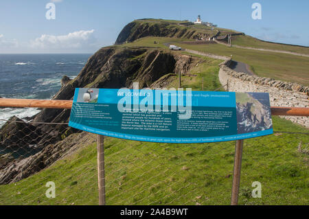 Infotafel am Sumburgth Kopf RSPB Reservat mit Leuchtturm im Hintergrund, Sumburgh, Shetland, Schottland Stockfoto