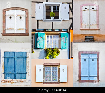 Alte Holz- Fenster und Rollläden in der berühmten Stadt Colmar im Elsass Frankreich collage Stockfoto