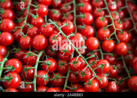 Sortiment von kleinen Kirschtomaten auf dem Markt. Organische frische vegetarische Mahlzeit. Stockfoto