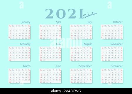 Vorlage Kalender für 2021 Jahr auf mint Farbe Hintergrund. Woche beginnt am Sonntag. Vektor 10 EPS Stock Vektor