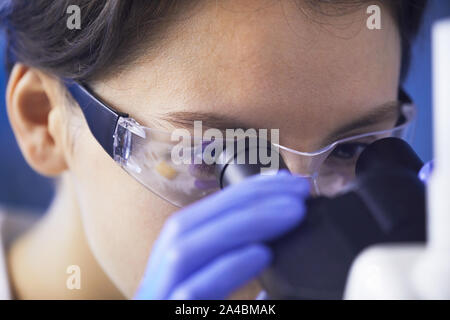 In der Nähe der schöne junge Frau das Tragen von Schutzbrille suchen im Mikroskop Während in medizinischen Labors arbeiten, kopieren Raum Stockfoto
