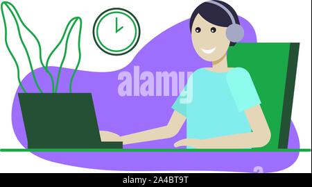 Customer Service, man mit Kopfhörer und Mikrofon mit Computer. Konzept Abbildung für Unterstützung, Hilfe, Call Center. Stock Vektor