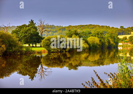 Bild der Vilaine Riverside mit Bäumen, Wasser und Spiegelungen. Stockfoto