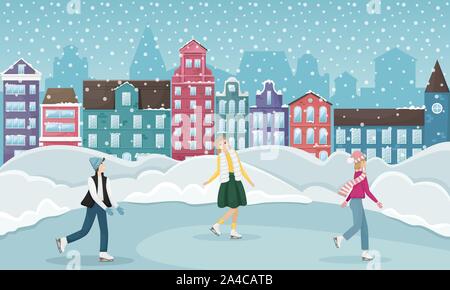 Leute Eislaufen im Winter. Winter Stadtbild mit der Europäischen Häusern und den Schnee. Winter Unterhaltung. Flache Vector Illustration. Stock Vektor