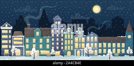 Winter Stadtbild mit der Europäischen Häusern und der Schnee in der Nacht. Flache Vector Illustration. Stock Vektor