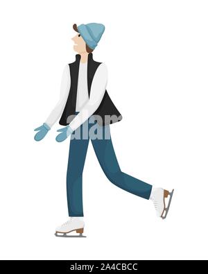 Ein Mann im Winter Kleidung und Hut Schlittschuhlaufen auf dem Eis. Winter Unterhaltung. Flache Vector Illustration. Stock Vektor