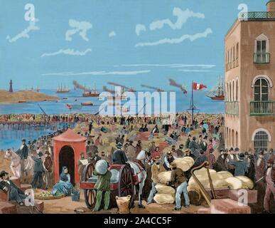 Guerra del Pacífico o Guerra del Guano o Saliter. Conflicto que enfrentó Chile contra sus aliados Bolivien y Perú. Se desarrolló en el Pacífico y Desierto de Atacama, 1879-1883. Salida de los chilenos súbditos Tras el desbloqueo del Puerto de Iquique (Perú), 1879. Grabado por Rico. La Ilustración Española y Americana. Coloreado. Stockfoto