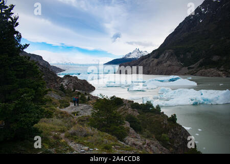 Gletscher Grey, Torres del Paine Nationalpark, Chile. Wanderer mit Blick auf glaicer Feld Stockfoto