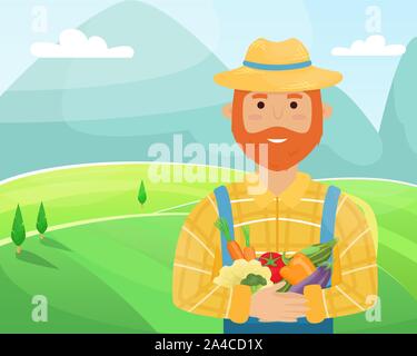 Ein Bauer mit einem roten Bart in einen Strohhut, ein Plaid Shirt und eine Ernte in seinen Händen. Flache Vector Illustration. Stock Vektor