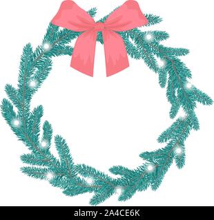 Weihnachten Kranz von Blau mit Leuchten und einen roten Bogen Fichte. Flache Vector Illustration. Stock Vektor