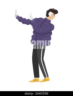 Ein Mann im Winter Kleidung weicht einem fliegenden Schneeball. Winter Unterhaltung. Flache Vector Illustration. Stock Vektor