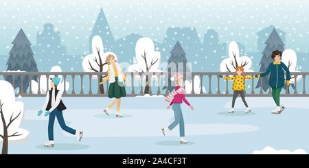 Leute Eislaufen im Winter. Winter Unterhaltung. Flache Vector Illustration. Stock Vektor