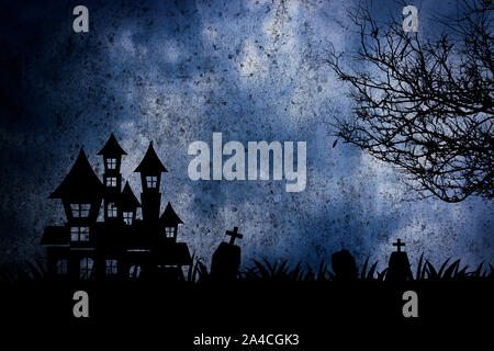 Halloween Nacht Szene mit haunted House und Tod Baum Hintergrund. Stockfoto