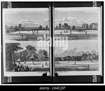 Die Cricket Match in Hoboken am Oktober 6, 1859 spielte, zwischen der All England Elf und den Vereinigten Staaten Twenty-Two ein Baseball Spiel in den Elysischen Feldern, Hoboken. Stockfoto