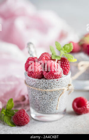 In der Nähe von Chia Milchreis mit frischen Himbeeren. Der Pudding ist von Chia Samen, Mandelmilch und Agavendicksaft hergestellt und ist mit Zitronenmelisse dekoriert. Stockfoto