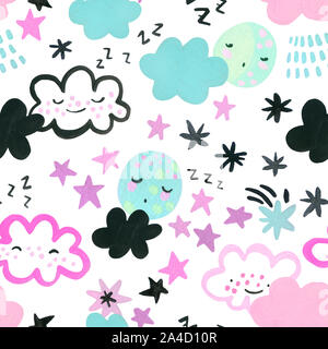 Gesund schlafen Monde, Wolken, Sterne Hintergrund. Aquarell Zeichnung von Cartoon träumen Mond, Cloud, Stern in Pastellfarben. Baumschule Kunst nahtlose patter Stockfoto