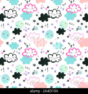 Gesund schlafen Monde, Wolken, Sterne Hintergrund. Aquarell Zeichnung von Cartoon träumen Mond, Cloud, Stern in Pastellfarben. Baumschule Kunst nahtlose patter Stockfoto